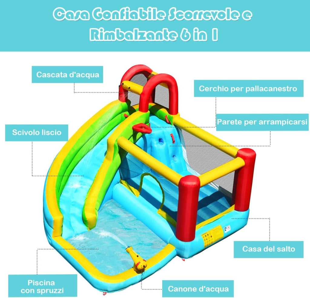 Castello Gonfiabile 6 in 1 per Bambini, Parco Acquatico con Trampolino, Parete di Arrampicata, Piscina, Scivolo, Cannone ad Acqua, Canestro Basket, Pallone e Borsa di Trasporto, 320x305x213cm