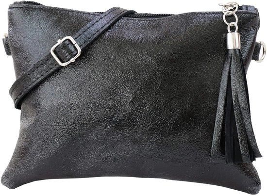 Borsa in Pelle Reale con Cinturino per Spalla Clutch Piccola Borsa da Sera 22x15cm A248 (Nero Metallic)