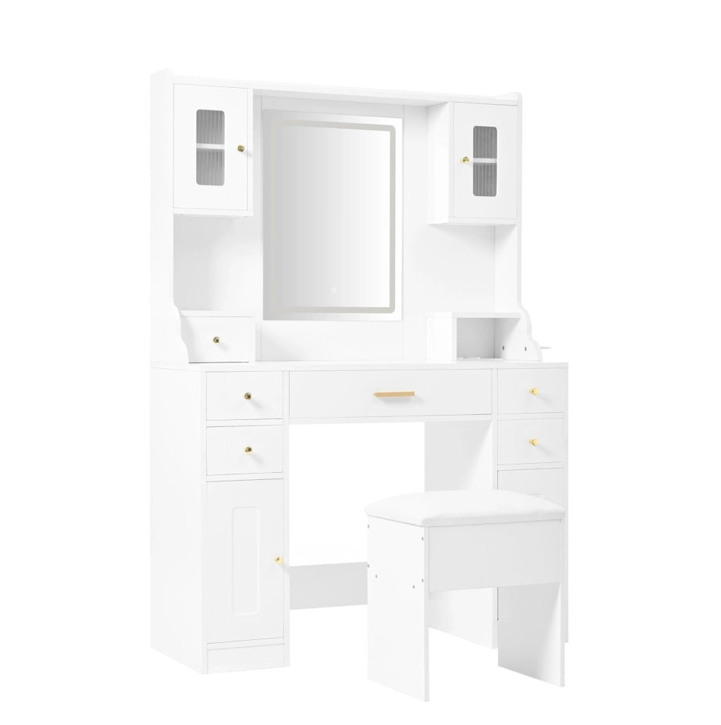 Toeletta bianca con specchio LED, prese, 6 cassetti e 4 ante