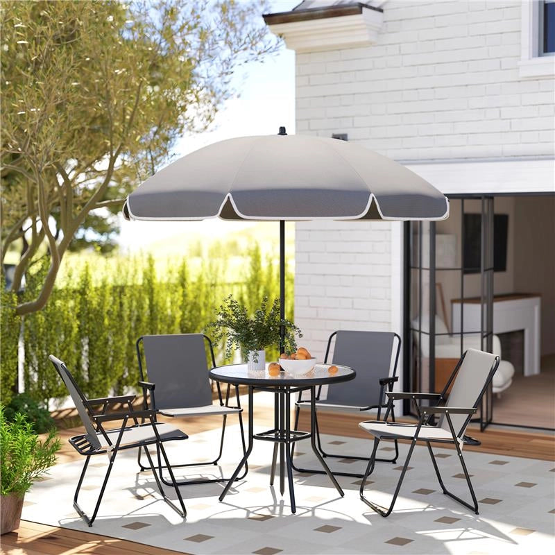 SET DA GIARDINO 6 PEZZI IN ACCIAIO CON 4 SEDIE PIEGHEVOLI OMBRELLONE E TAVOLO ROTONDO GRIGIO E NERO