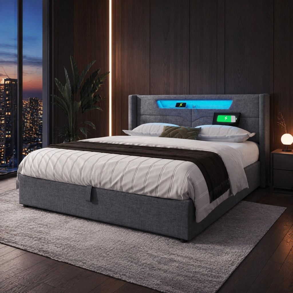Letto matrimoniale 160x200 cm in tessuto effetto lino grigio con LED; USB e contenitore