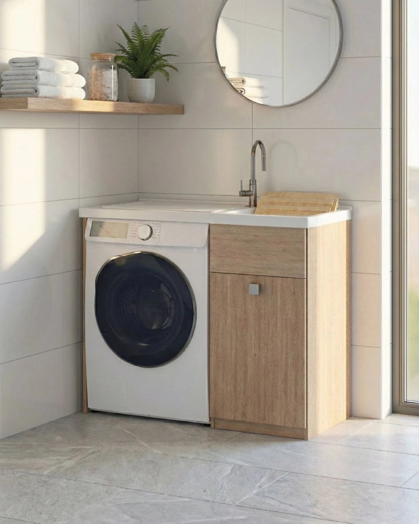 Mobile coprilavatrice Brilla Sx - Con 1 anta e lavatoio  Contenitore salvaspazio per bagno e lavanderia - Lavatrice non inclusa - Virginia - 109x93x60 cm_