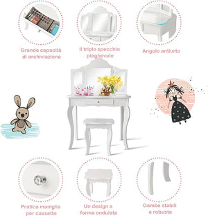 2-in-1 Toeletta Trucco Bambina, Tavolo da Trucco per Bambini con 3 Specchio e Sgabello, Postazione Trucco con 1 Cassetto, 3-7 Anni (Bianco)