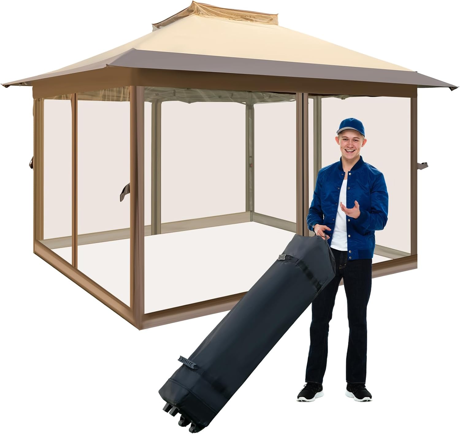 Gazebo Pieghevole da Giardino 3,6 x 3,6m, Gazebo Pop-up con Borsa da Trasporto con Ruote, Regolabile in Altezza, per Feste, Barbecue, Giardino e Spiaggia (Con Rete)