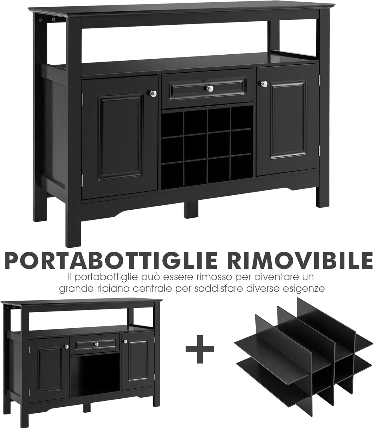 Credenza Moderna con Tanto Spazio, Credenza Cucina con Porta Bottiglie di Vino a Forma Incrociata, Mensola Aperta, 2 Armadietti e Cassetto, 117 x 40,5 x 82,5 cm (Nero)