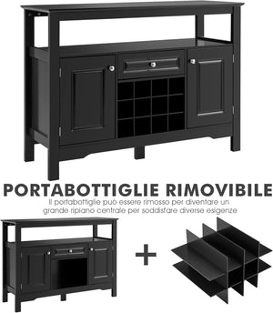Credenza Moderna con Tanto Spazio, Credenza Cucina con Porta Bottiglie di Vino a Forma Incrociata, Mensola Aperta, 2 Armadietti e Cassetto, 117 x 40,5 x 82,5 cm (Nero)