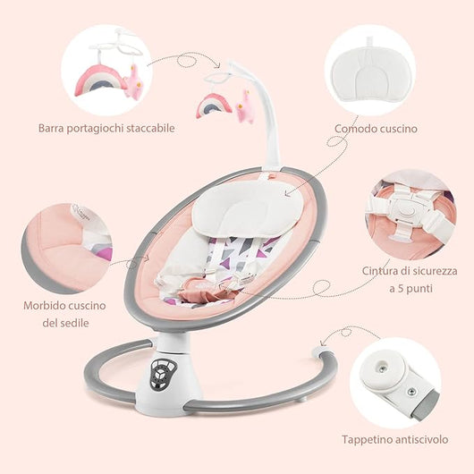 Sdraietta Elettrica Neonati 0-6 Mesi, Sedia a Dondolo Automatico per Bambini, con 12 Melodie, Cuscino, 2 Giocattoli, Regolabile in 5 Velocità, per Bambini 0-6 Mesi, Fino a 9 kg (Rosa)