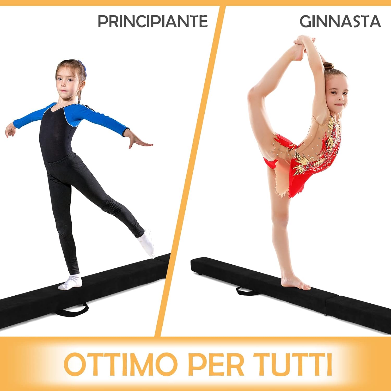 Trave da Ginnastica 210 cm Pieghevole per Bambini, Trave di Equilibrio Portatile con Maniglie, Base Solida di Legno e Parte Inferiore Antiscivolo
