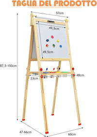 Cavalletto Artistico per Bambini, Cavalletto 3 in 1 con Dobbia Faccia, con Mensola e Rotolo di Carta, Accessori Completi, Cavalletto con Altezza Regolabile per Bambini