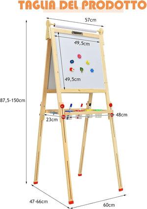 Cavalletto Artistico per Bambini, Cavalletto 3 in 1 con Dobbia Faccia, con Mensola e Rotolo di Carta, Accessori Completi, Cavalletto con Altezza Regolabile per Bambini