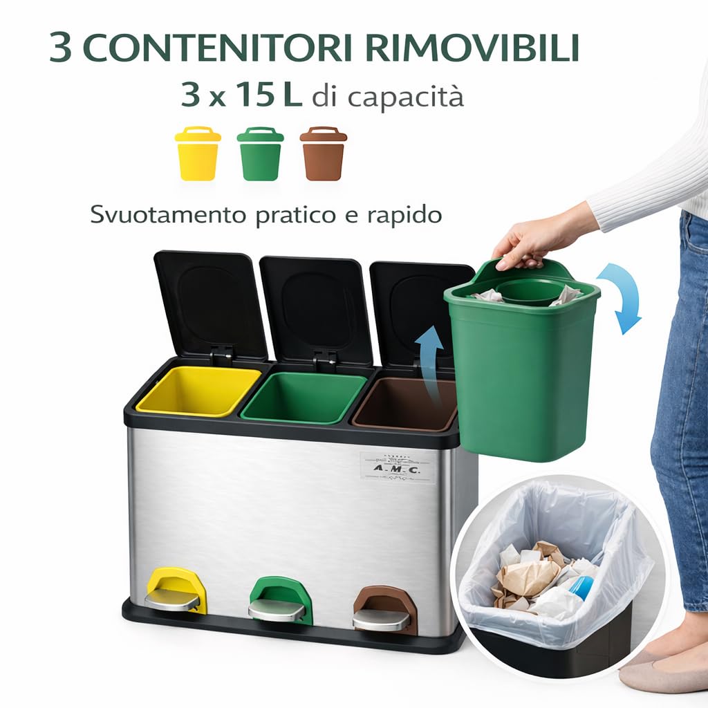 Pattumiera Differenziata 45L (3x15L) con Pedale, Cestino Raccolta Triplo da Cucina in Acciaio Metallico, 3 Scomparti con Coperchio, Colore Argento e Nero.