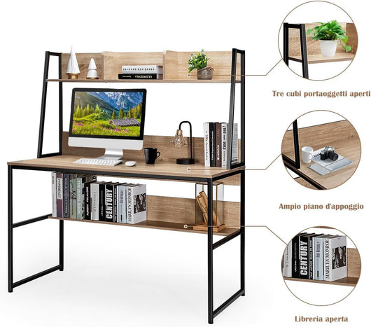 Scrivania con Libreria e Ripiano, Scrivania Salvaspazio per PC Portatile con 3 Scomparti e Ripiano Aperto, Scrivania per Ufficio e Casa, 120 x 57 x 140 cm (Naturale)