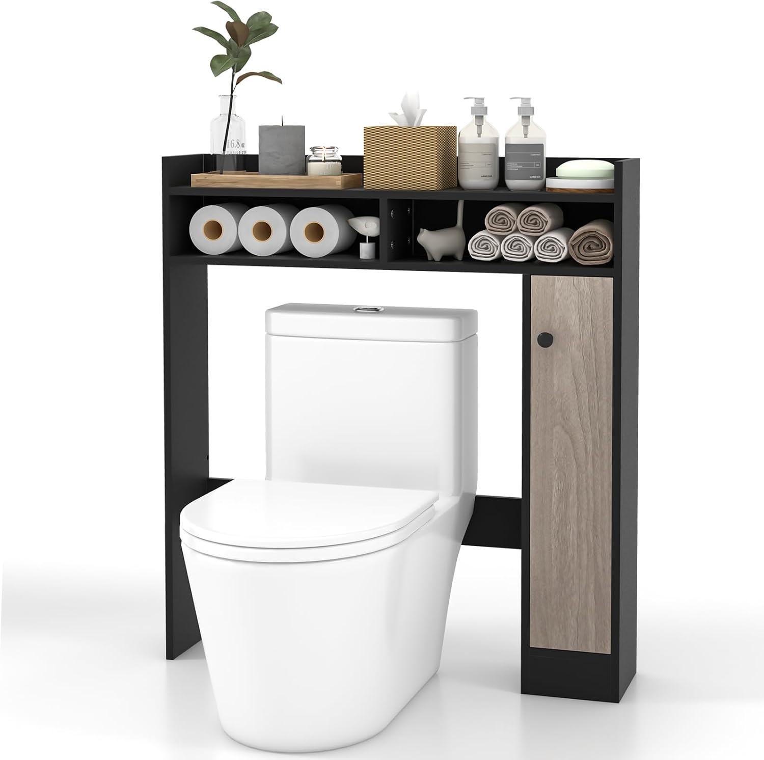 Mobiletto da Bagno Sopra WC, Organizzatore da Bagno con Ripiani Regolabili Anta Singola e Ripiani Aperti, Ideale per Bagno Lavanderia, 88x18x100 cm (Nero)