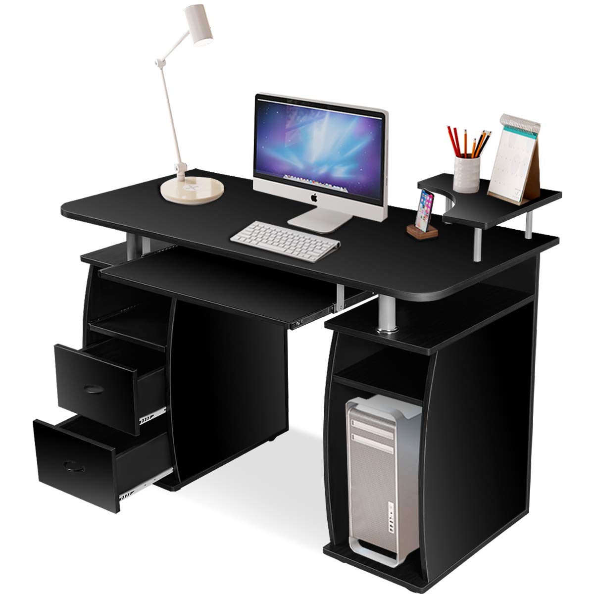 Scrivania da Computer, Scrivania con Cassettiera e Porta Hardware,120 x 55 x 85 cm (Nero)