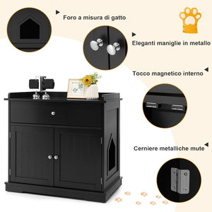 Mobile per Lettiera Gatti in Legno, con Portaoggetti, 2 Ante, Cassetto e Ingresso Laterale, Mobiletto Multiuso per Ingresso e Soggiorno, 76 x 53 x 74 cm, Carico Massimo 30 kg (nero)