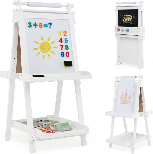 Lavagna per Bambini 3 in 1, Lavagna Magnetica con Lavagna Bifacciale, Rotolo di Carta, Vassoi Portaoggetti e 3 Bicchieri per Pittura, Cavalletto in Legno per Bambini 3+ Anni (Bianco)