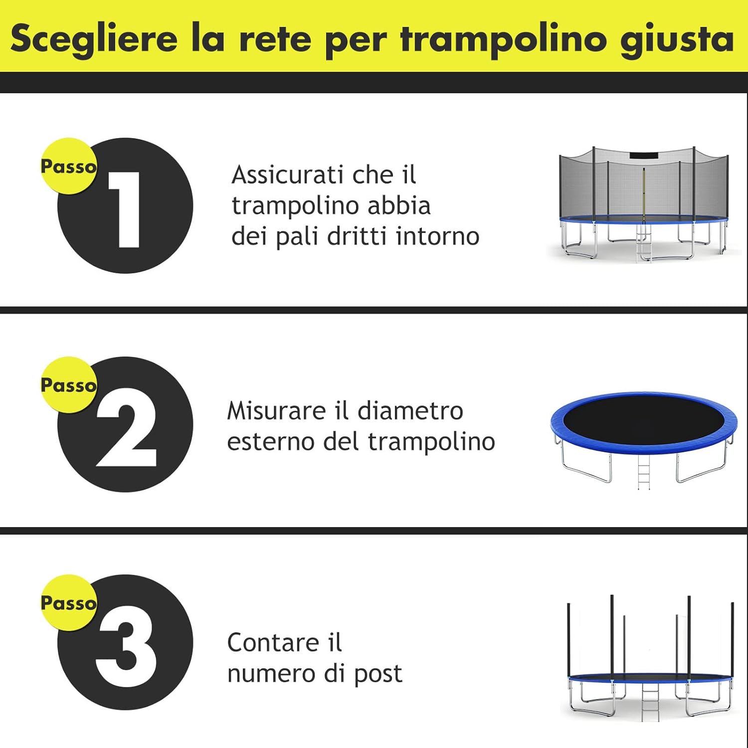 Rete per Trampolino Sostitutiva 244cm/305cm/366cm/427cm/457cm/488cm, Ideale per Struttura Rotonda con 6/8 Paletti con Doppie Cerniere, Fibbie di protezione e Ganci