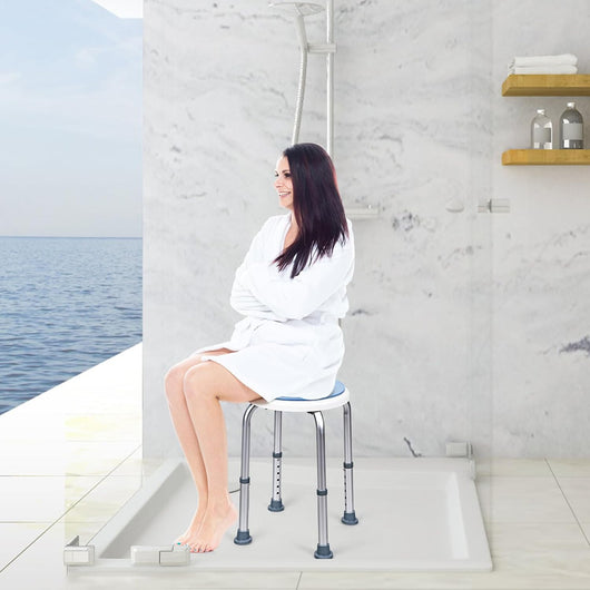 Sgabello per Doccia Girevole a 360°, Regolazione in Altezza, Gambe in Alluminio Resistenti alla Ruggine, Stabile e Antiscivolo, Sedile Comodo per Anziani e Disabili