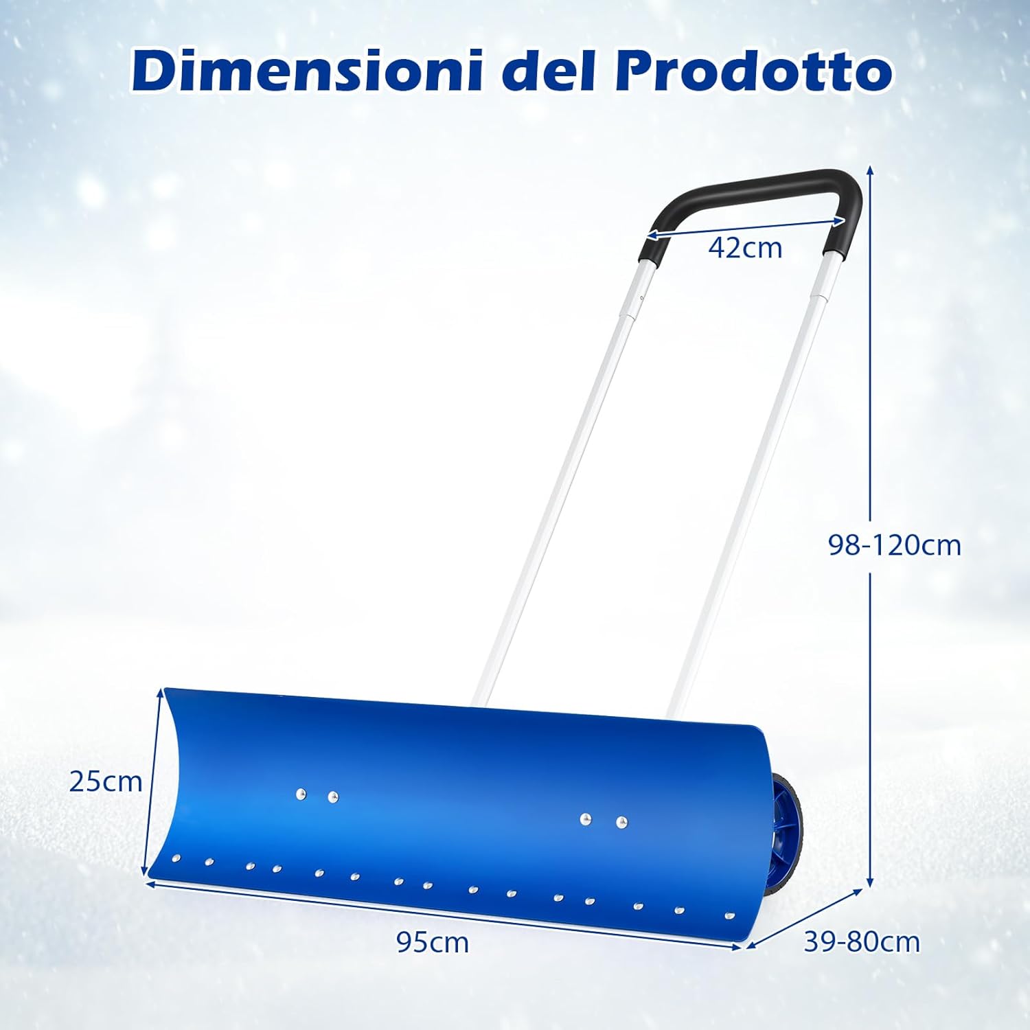 Pala da Neve con Ruote con Lama da 95 cm Angolata, Spazzaneve in Alluminio Manico Regolabile a 90Â° a Forma di U, Spala Neve Manuale per Ingresso, Marciapiedi e Vialetto