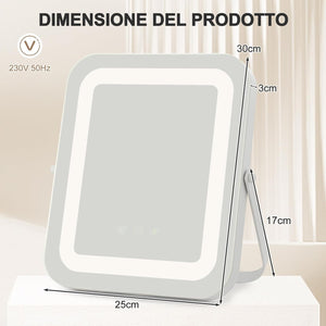 Specchio LED a 3 Colori, Specchio da Trucco con Controllo Tattile Intelligente, Girevole a 360° e Funzione di Memoria, Specchio da Tavolo Antideflagrante 25x30 cm