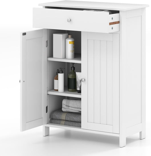 Moblie da Bagno, Armadietto da Terra Salvaspazio con Cassetto e Ripiano Regolabile, Mobiletto Multifunzionale per Bagno, Soggiorno, Cucina, Ingresso, 60 x 30 x 80 cm, Portata 75 kg (Bianco)