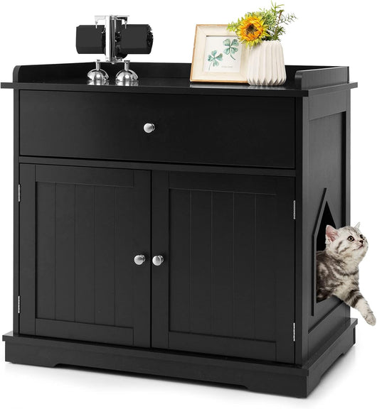 Mobile per Lettiera Gatti in Legno, con Portaoggetti, 2 Ante, Cassetto e Ingresso Laterale, Mobiletto Multiuso per Ingresso e Soggiorno, 76 x 53 x 74 cm, Carico Massimo 30 kg (nero)