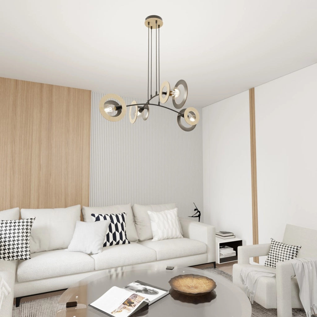 Lampada a sospensione Skiva in acciaio nero e legno