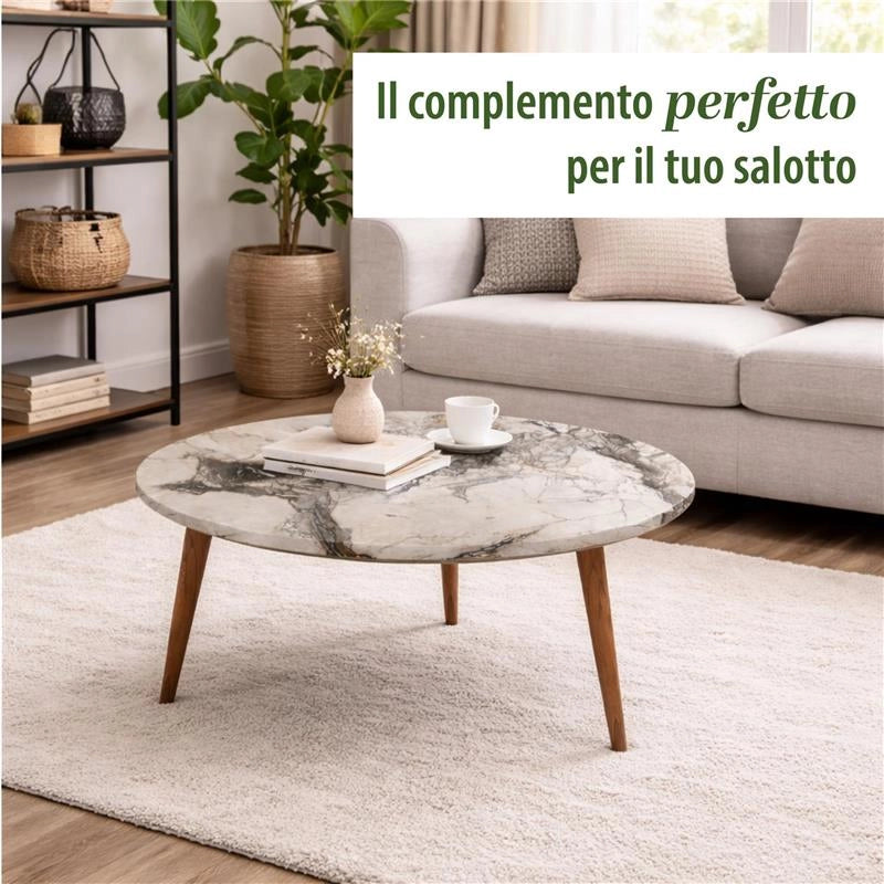 TABLE TAVOLINO TONDO DA CAFFÈ CON PIANO AD EFFETTO MARMO BIANCO DA D.75X43H  CM