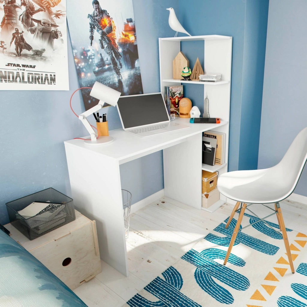 Scrivania Abba, Scrittoio lineare con libreria, Tavolo ufficio multiuso salvaspazio, 110x50h136 cm, Bianco