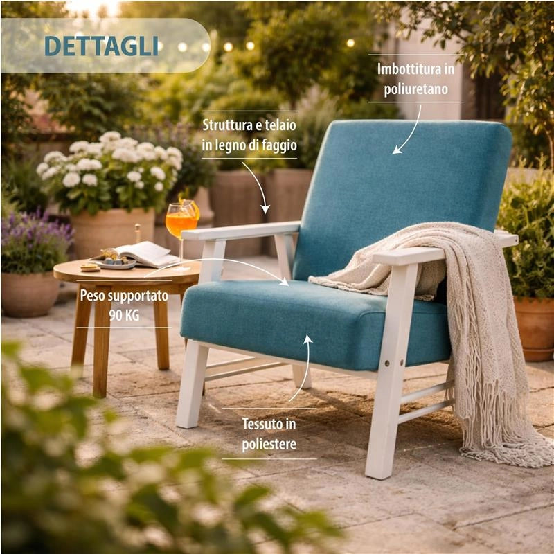 POLTRONA ORTIGIA DA ARREDO IN LEGNO BIANCO ANILINA E TESSUTO COLOR PETROLIO 59X77X91H CM