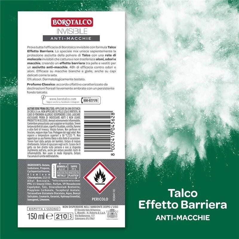 BOROTALCO DEODORANTE SPRAY INVISIBILE GRIGIO NO ALCOOL CON TALCO 150 ML ANTIMACCHIE