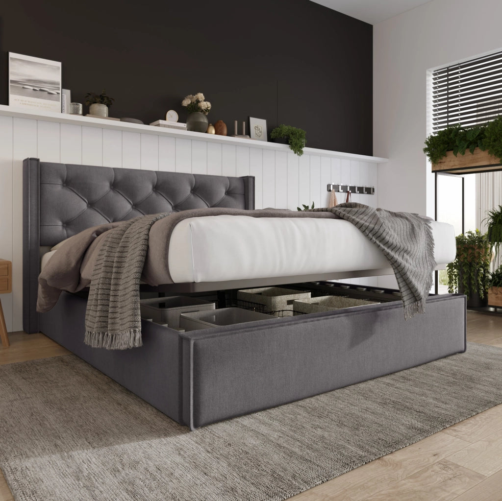 Letto matrimoniale contenitore 140x200 cm con materasso, grigio