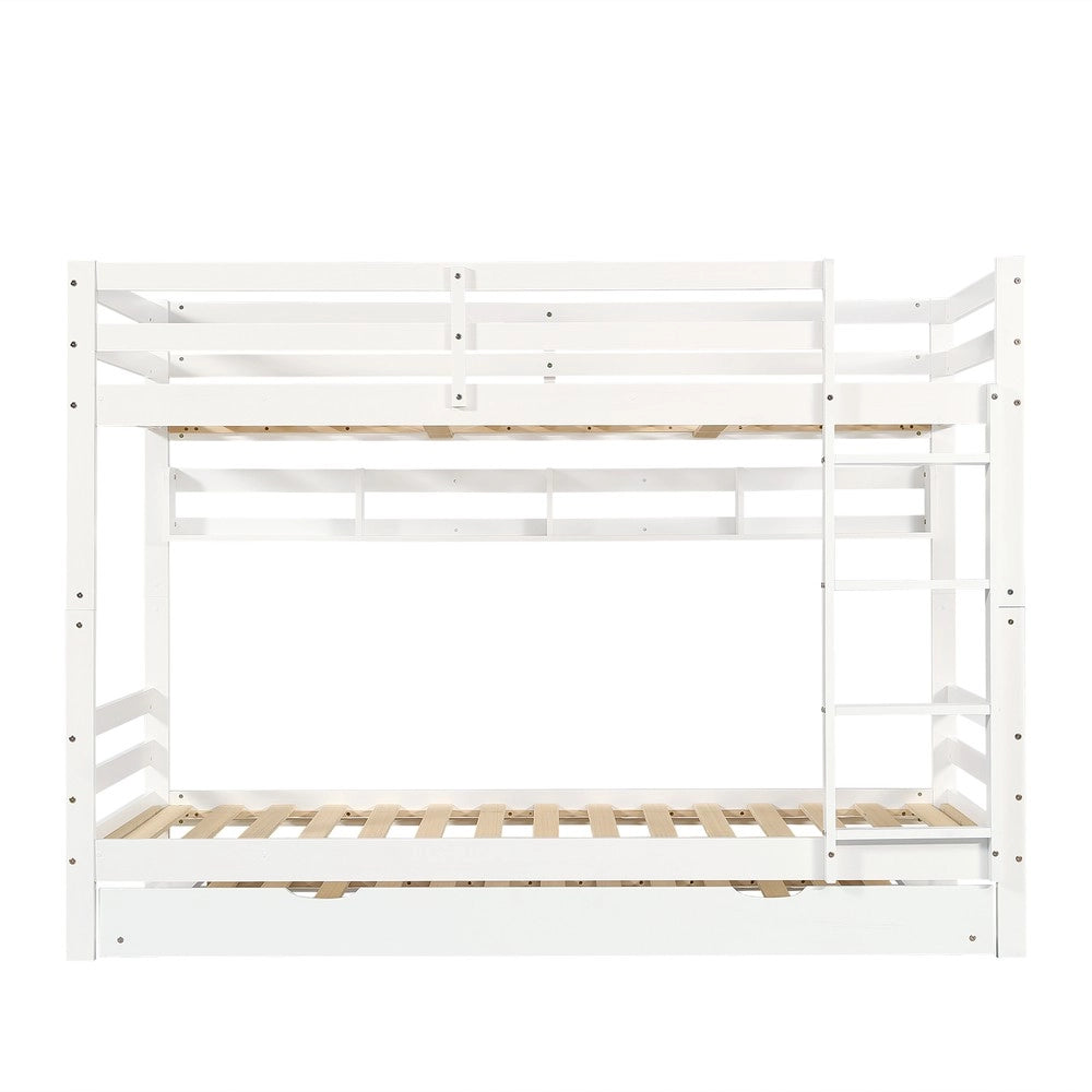 Letto a Castello Estraibile con Scaffali e Scala ¨C MINIMAL ¨C Pino/MDF, Bianco, 90x200