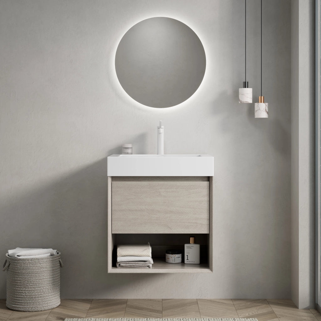 Mobile sottolavabo con lavabo in resina, 1 cassetto e vano aperto, per bagno, rovere chiaro bianco, 55 × 46 × 60 cm