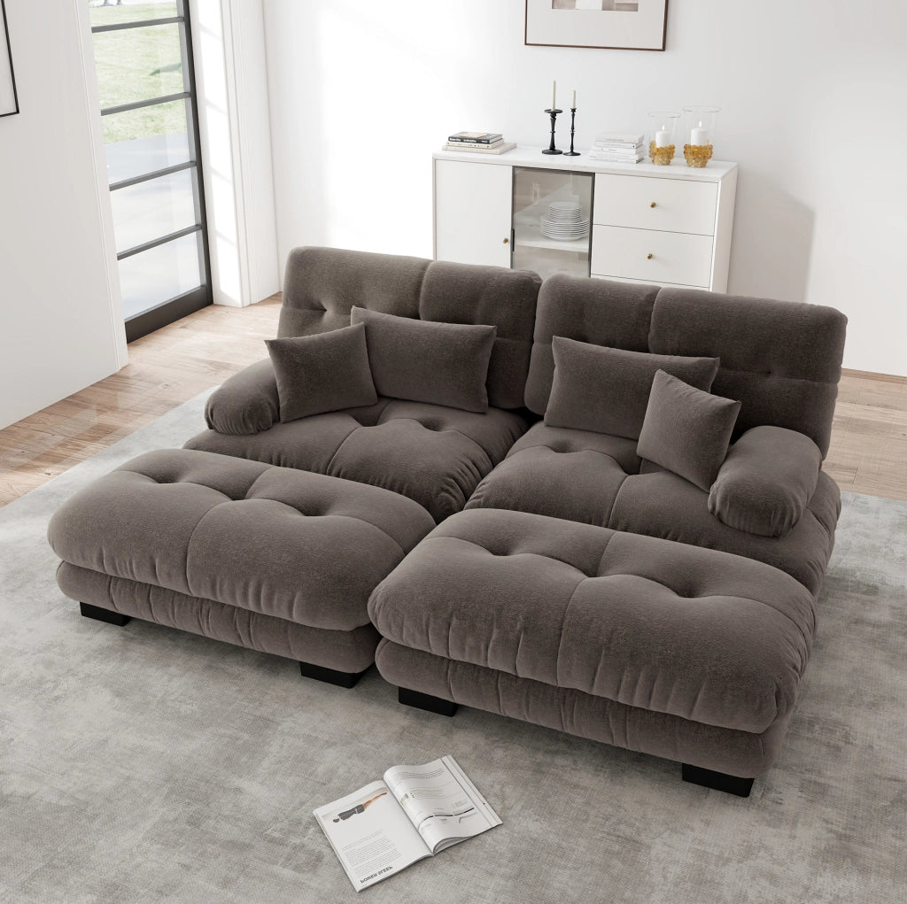 Divano modulare in ciniglia marrone con 2 pouf e cuscini HOMVRA