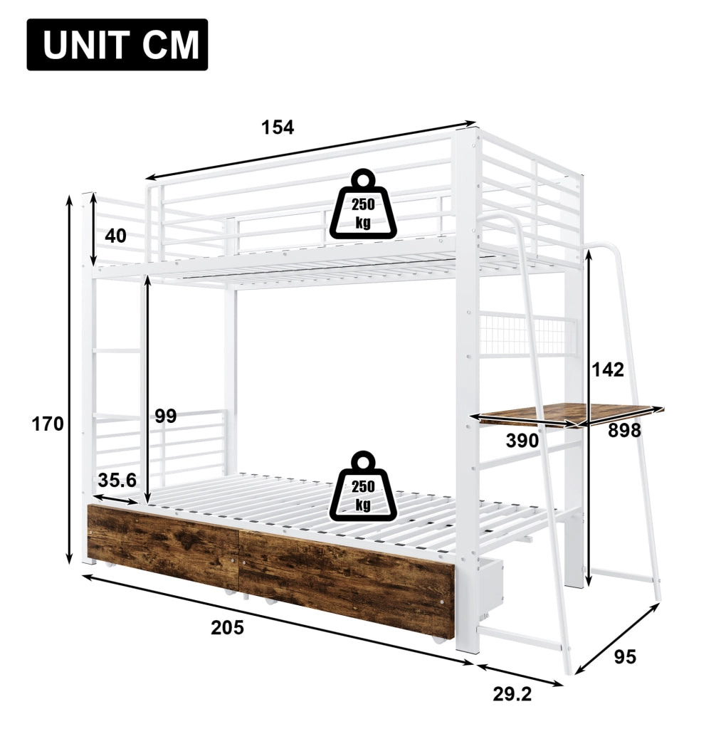 Letto a castello 90x200 cm in MDF e metallo con cassetti; bianco opaco; nero e rovere scuro