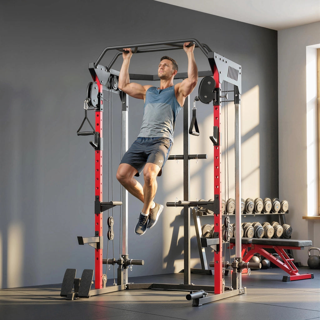 Power Cage Smith Machine, Power Rack mit verstellbarem Kabelzugsystem, multifunktional bis 300kg