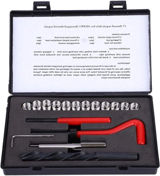 Kit di Riparazione di Filettatura a Spirale per Trapano - 17 Pz Filettrino a Spirale in Acciaio Inossidabile, Chiave per Tornio e Strumento di Inserimento Filettato M10x1