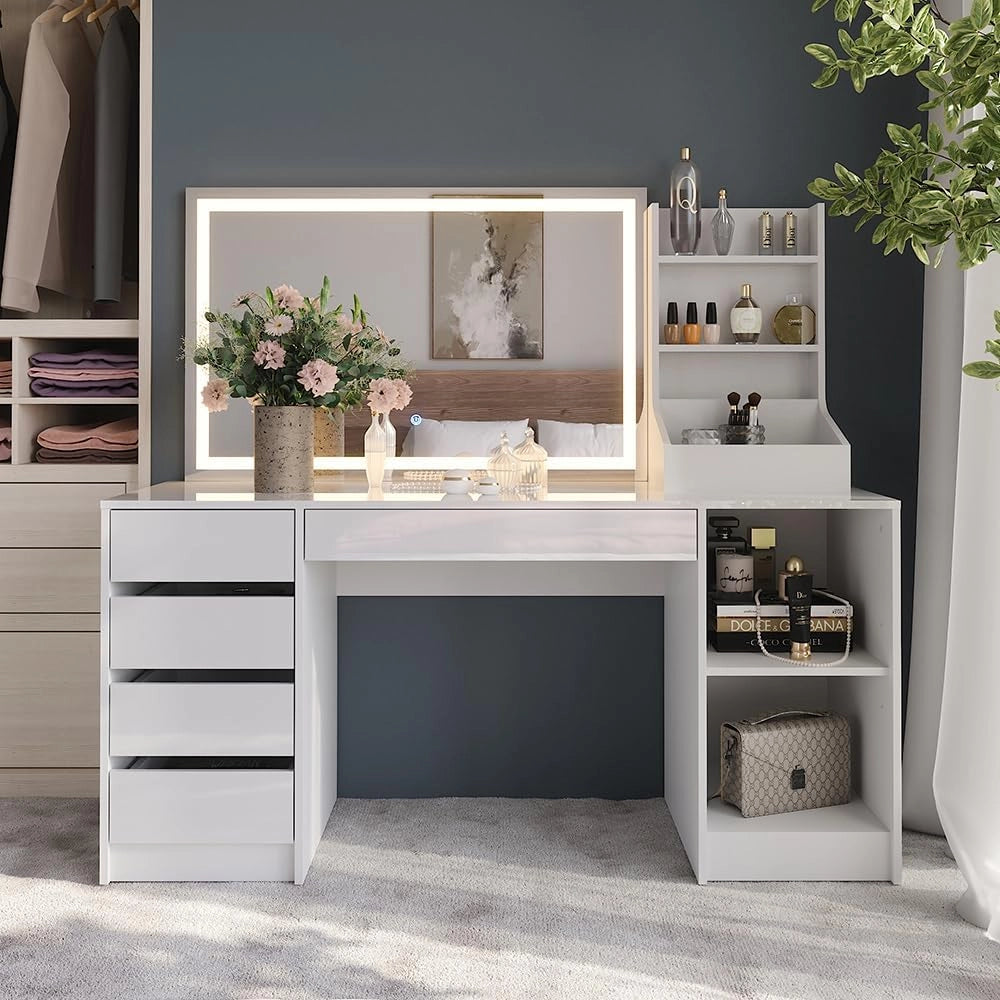 Tavolo da toeletta Sherry, Bianco/bianco lucido, 158.2 cm 3 parti