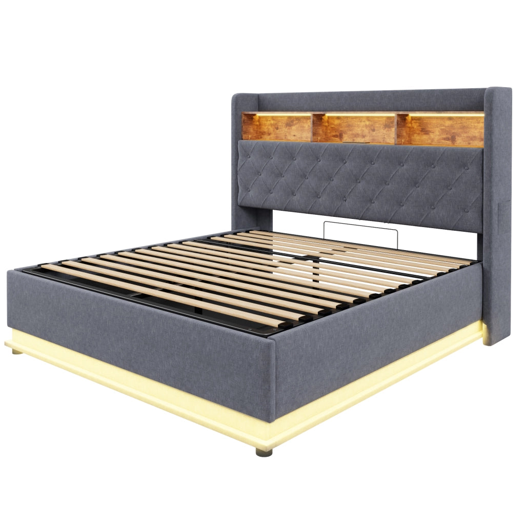 Letti contenitori 180x200 cm con LED multicolore e USB; lino; grigio