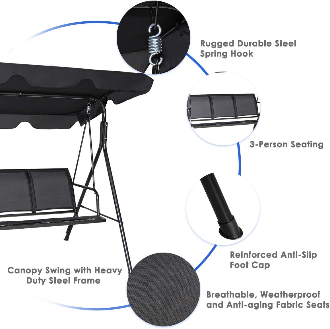 Dondolo da Giardino a 3 Posti, con Tettuccio Parasole Regolabile, Sedia a Dondolo da Giardino con Telaio in Acciaio, 173 x 119 x 152 cm (Nero)