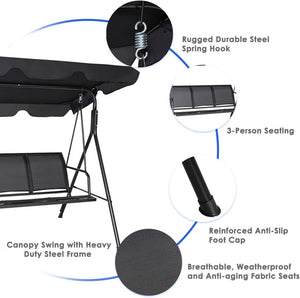 Dondolo da Giardino a 3 Posti, con Tettuccio Parasole Regolabile, Sedia a Dondolo da Giardino con Telaio in Acciaio, 173 x 119 x 152 cm (Nero)