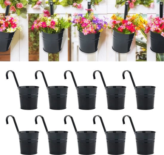 Pacchetto da 10 pezzi di vasi da fiore appesi, 10 cm, in metallo nero, grande vaso da fiore appeso con gancio e foro rimovibile, per balconi, cancelli, finestre e ringhiere