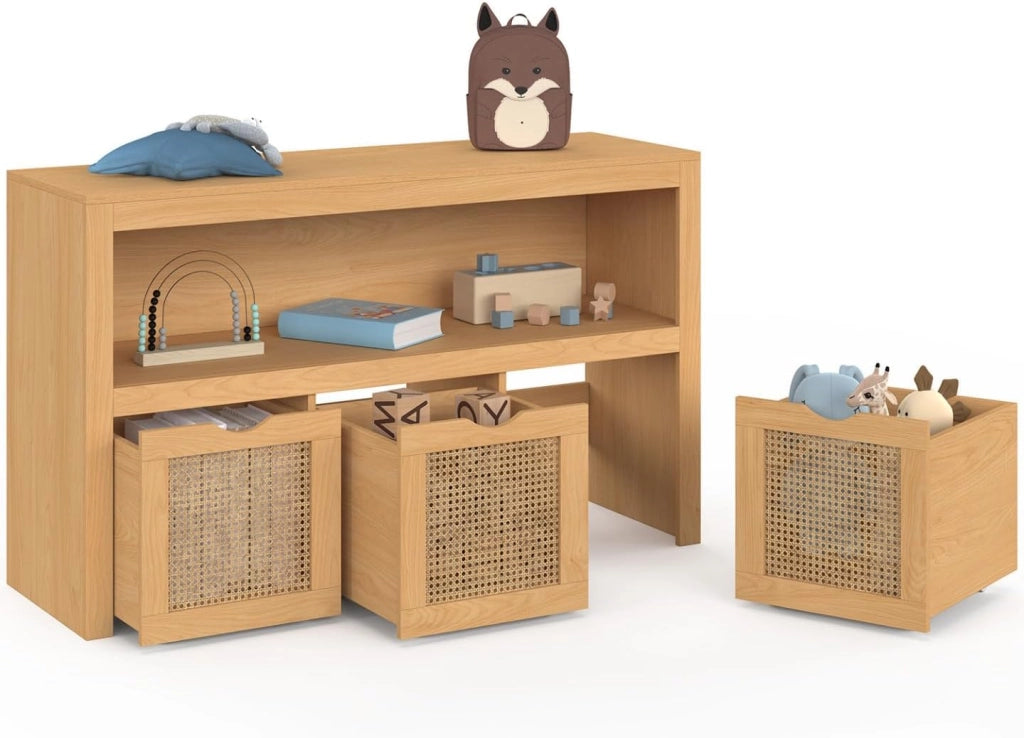 Contenitore per bambini EDHEN in legno e canna con 3 cassetti a cubo su rotelle