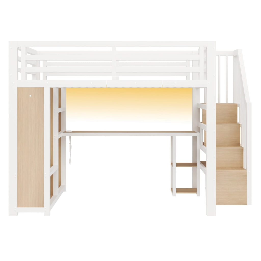 Letto a Soppalco 140x200 cm; LED; USB; Scrivania; Guardaroba; Scala; in Metallo; Bianco