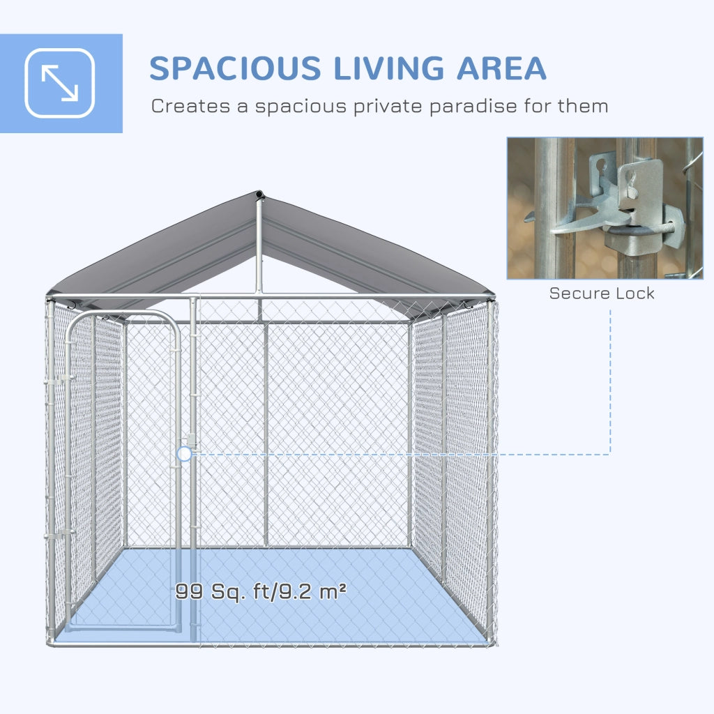 Easycomfort Kennel per Cani in Metallo Galvanizzato con Tettuccio in Tessuto Oxford e Porta con Blocco, 400x230x232cm, Argento