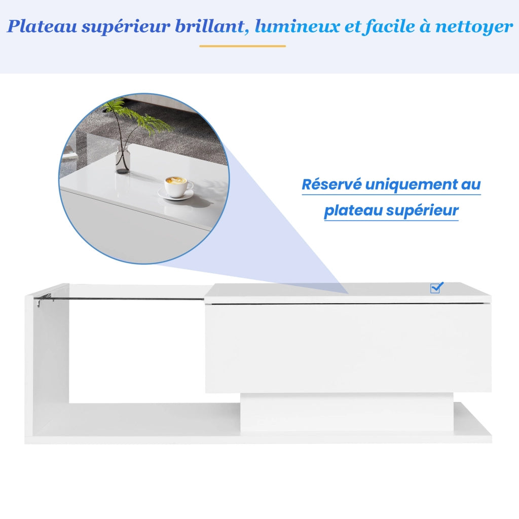 Tavolino da Salotto con 1 Cassetto e LED; Piano in Vetro; per Soggiorno; in Truciolare; 100 × 50 × 32 cm; Bianco