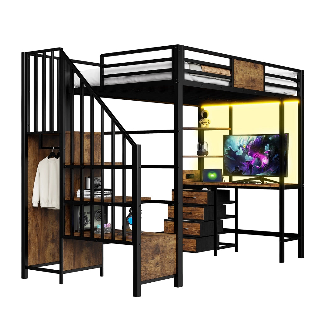 Letto a soppalco 90x200 cm in metallo nero con scrivania, ripiani, asta appendiabiti, LED e presa