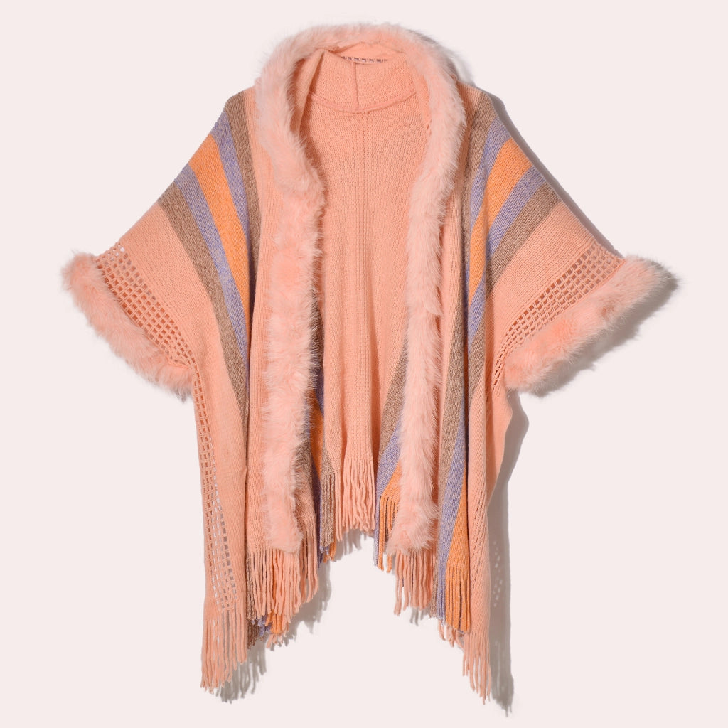 Nuovo maglione/scialle da donna con cappuccio e collo in pelliccia sintetica