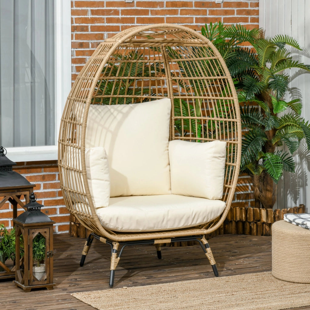 Poltrona a sospensione in rattan con cuscini, struttura in acciaio, colore kaki, 105 x 90 x 148 cm